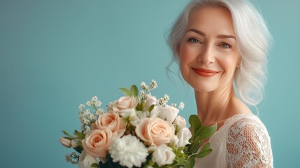 Naklejka premium Elegant adult woman smiling while holding a beautiful bouquet of flowers on a light blue background