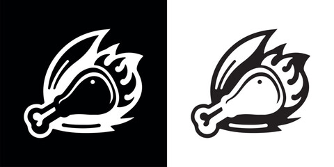 Fototapeta premium Stylized icons of a chicken drumstick with flames on contrasting backgrounds