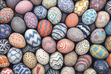Colorful Collection of Easter Eggs with Unique Designs and Textures Creating a Festive Springtime Background