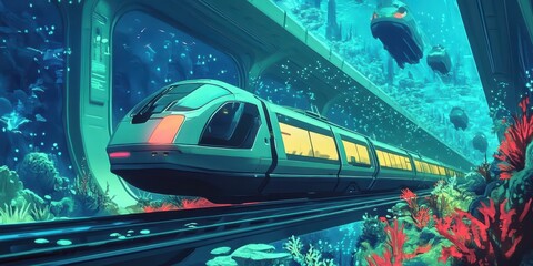 Fototapeta premium Futuristic train travels through an underwater tunnel amidst coral reefs