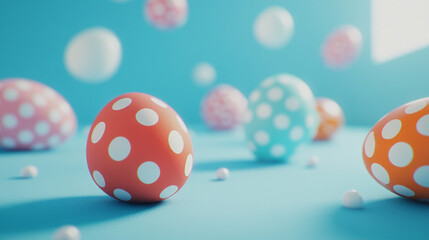 Festive and colorful polka dot Easter eggs scattered on a bright blue surface celebrating Easter Sunday cheerfully
