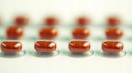 Rows of brown capsules arranged in clear packaging on a white background showcasing their uniform size and shape for health and wellness