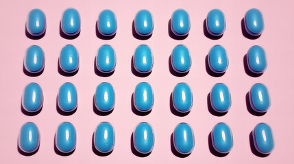 Bright blue oval objects arranged neatly on a pink background create a striking visual effect that catches the eye