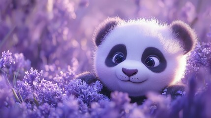 Fototapeta premium Adorable Panda Cub Amidst a Lavender Field