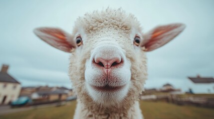 Fototapeta premium Close-up of a sheep's face in a rural landscape. Possible use for stock photography