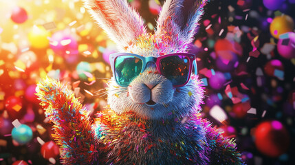 Celebrate Easter Sunday with joy and vibrant festivities led by a funky bunny in stylish sunglasses