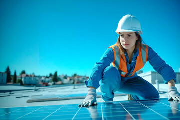 A woman engineer wearing a hard hat and safety vest installing a solar panel in a roof.