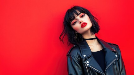 Fototapeta premium Fashionable Woman in Leather Jacket Against Red Background