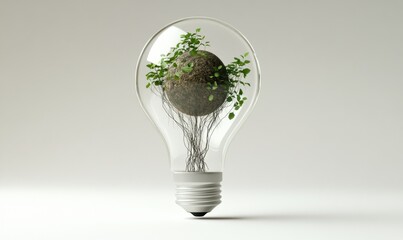 Eco-friendly lightbulb with plants; sustainable energy concept; environmental awareness campaign