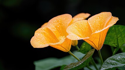 Orange flowers, dew drops, dark background, garden