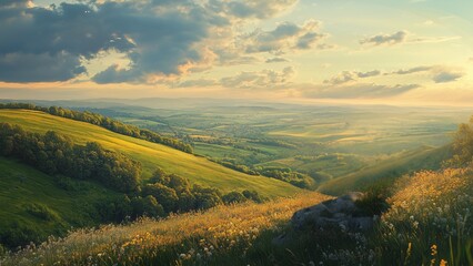 Fototapeta premium A hilltop, gazing at a vast, serene landscape. The scene evokes a sense of peace, tranquility, connection with nature. The overall image should convey a message of hope, healing, and mental well-being