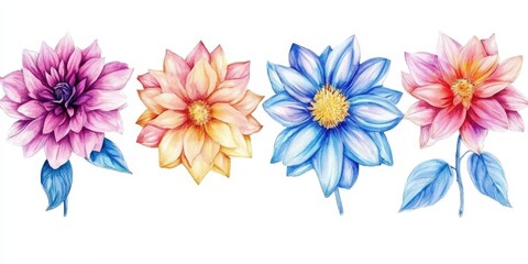 Obraz premium A captivating watercolor of a blue dahlia, showcasing its vibrant, detailed petals in hues of pink and purple, rendered in lifelike precision
