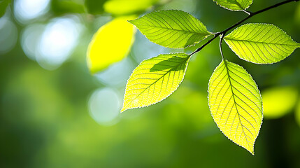 Sunlit green leaves, forest background, nature spring