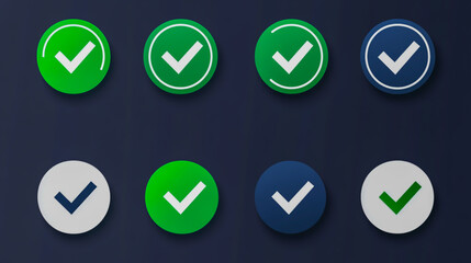 Set of green checkmark icons, tick symbols, checklist icons, and approval badges