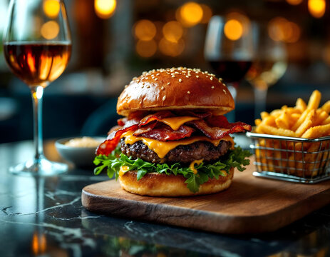 Luxury gourmet burger in a fine dining restaurant. Juicy wagyu beef patty, melted aged cheddar, crispy bacon, brioche bun. Warm golden lighting, elegant background with blurred wine glasses