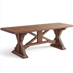 Rustic bronze farmhouse style wooden dining table with distressed finish and carved legs isolated on white background