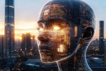 Woman with digital face projection surrounded by modern technology at dusk. Photo reflects futuristic technologies, the future of artificial intelligence.