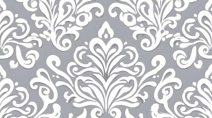 Elegant White Floral Damask Pattern on Soft Gray Background
