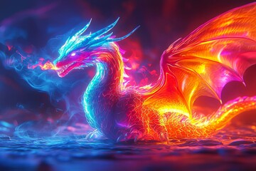 Neon dragon with glowing fire breath, fantasy and myth concept.