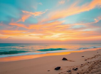 Obraz premium Beautiful Sunset Over a Beach, Tranquil Seascape and Coastal Scenery
