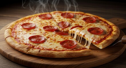Hot Pepperoni Pizza with Melting Cheese on Wooden Board Freshly Baked
