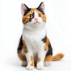 Friendly calico cat with vibrant orange and black fur sitting against a white background