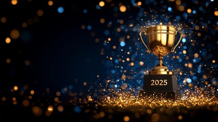 Golden trophy for excellence in achievement displayed with shimmering particles in a festive atmosphere celebrating 2025
