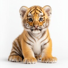 Fototapeta premium Playful Bengal tiger cub with soft orange fur sits on a white background, exuding charm and curiosity in its expression and posture