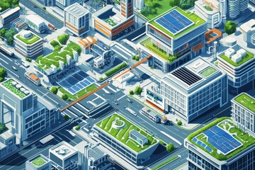 Isometric illustration of a futuristic eco-city with green buildings, solar panels, and sustainable infrastructure, showcasing urban planning and environmental consciousness.