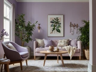 Fototapeta premium Lavender Living Room Interior Design With Plants