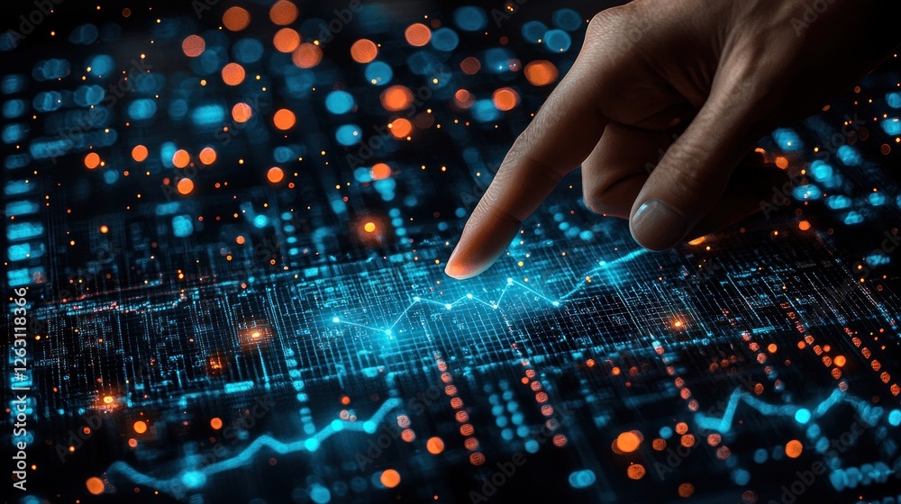 Wall mural finger interacting with digital data graph