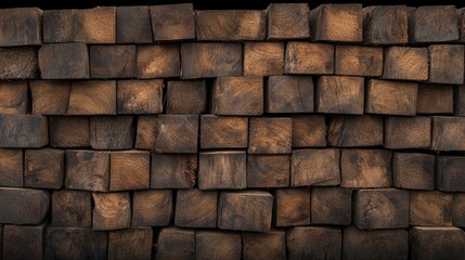 Obraz premium Stacked pine timber planks reveal intricate patterns and textures, demonstrating craftsmanship within a warehouse environment