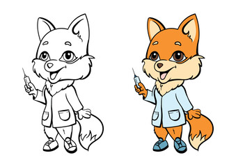 Fox doctor, nurse with a syringe for vaccination. Coloring book with an example for kids. Bright vector illustration for studying professions, for a children's book, print, educational materials