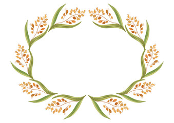 Oval wreath of wild grasses, cereals, ears and leaves. Decor for graphic design, printing and packaging. Isolated hand-drawn watercolor illustration.