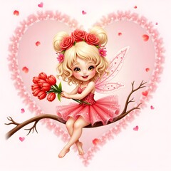 Fototapeta premium Cute fairy with flowers in heart frame