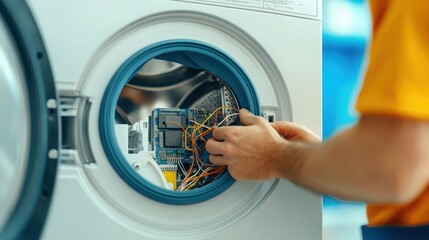 An engineer repairs a washing machine, highlighting the inner workings of modern technology and the importance of maintenance.