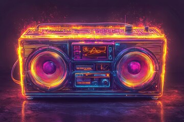 Neon boombox with glowing speakers, retro music vibe.