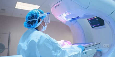 Medical professional wearing protective gear during an X-ray procedure