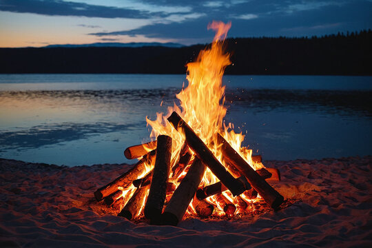 Cozy Campfire on Beach at Sunset - Authentic Outdoor Photography of Burning Bonfire with Warm Evening Glow