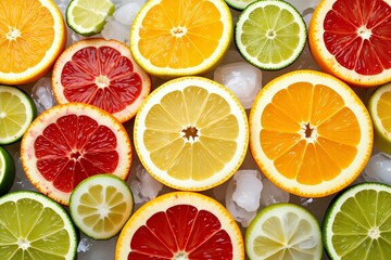 Obraz premium Vibrant Citrus Fruit Slices on Ice Background Summer Refreshment Healthy Food