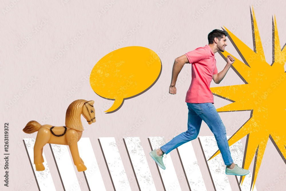 Poster composite art 3d creative image collage of happy man run copyspace speech bubble communication retro