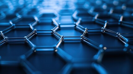 Fototapeta premium Intricate 3D Carbon Molecule Network: Abstract Blue Hexagonal Structure. Cinematic Close-up of Complex Grid Pattern Representing Interconnected Nature of Carbon, Ideal for Tech Marketing and Scientifi