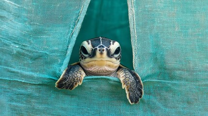 Baby Sea Turtle Emerging from Teal Net: A Close-Up Wildlife Portrait