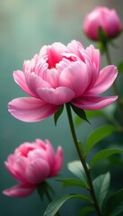 Fototapeta premium Soft pink peony blossoms, lush petals, blurred background, texture, nature