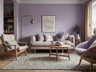Fototapeta premium Lavender Living Room With Comfortable Seating And Decor