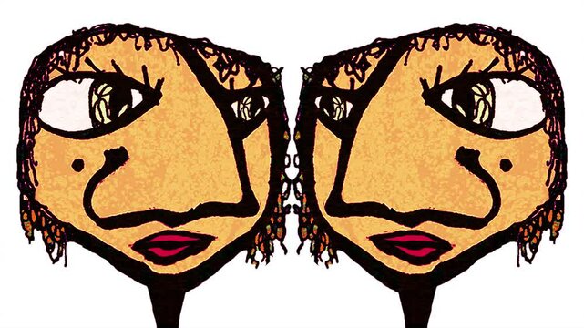 Two tribal mask heads hand drawing illustration arguing 2d looped animated video
