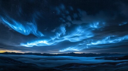 Fototapeta premium Noctilucent clouds appearing as ethereal bands of light over a dark and starry night,