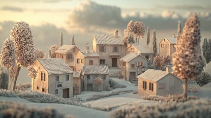 Obraz premium 3D Clay-Hued Village in Soft Twilight