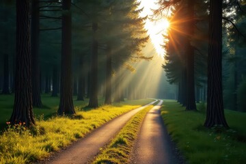 Fototapeta premium Sun-dappled road winds through tall pines, Aegina , conifers, peaceful