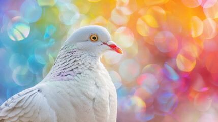 Fototapeta premium close up of white pigeon against colorful bokeh background, radiating beauty